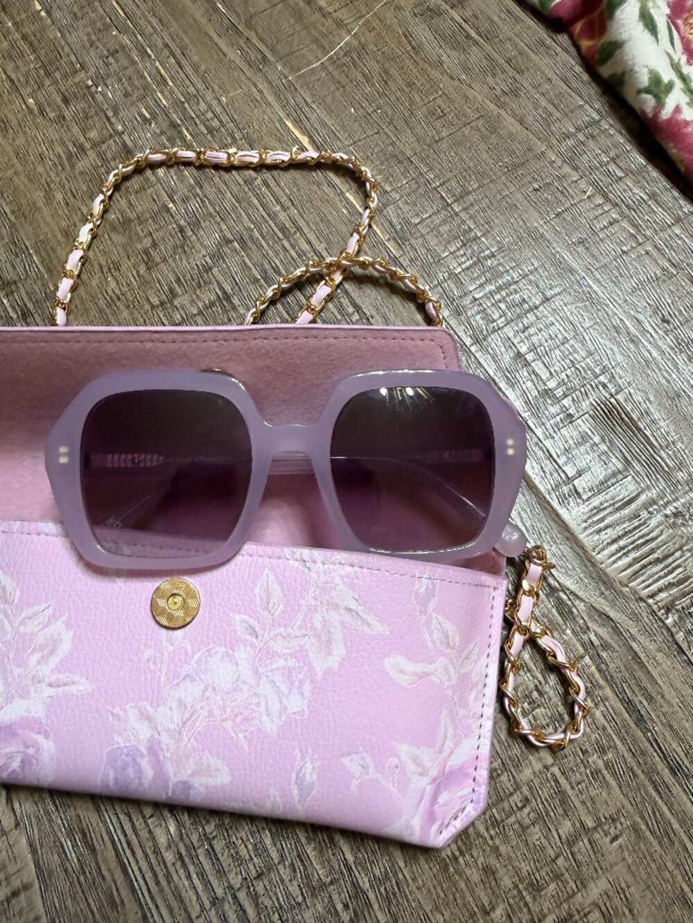 Love Shack Fancy Sunglasses Lavender with gold accents and floral case